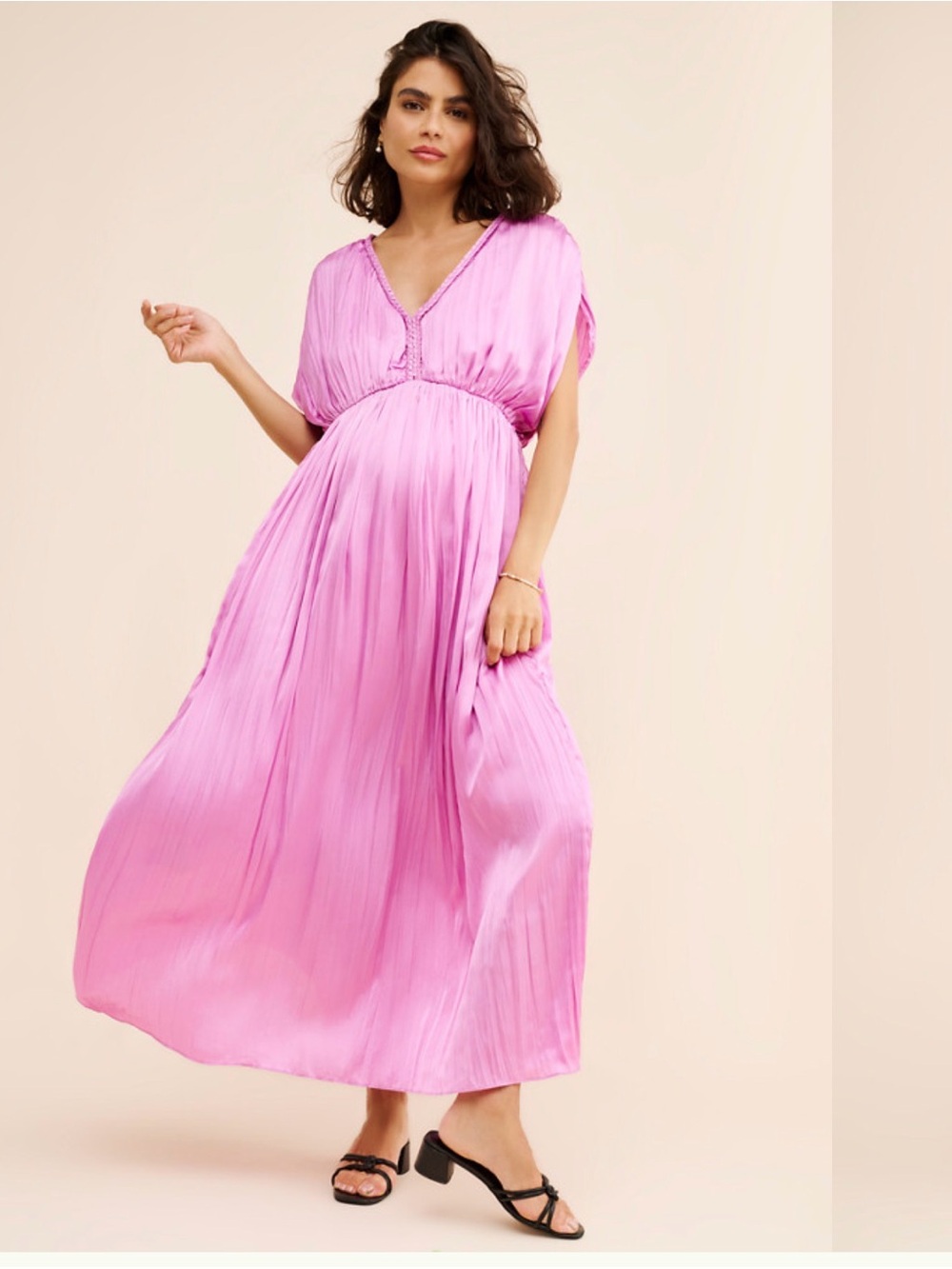 Hatch Pink Pleated V-Neck Maxi Dress